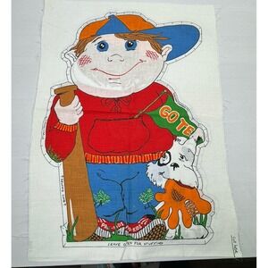 VTG Baseball Boy Spot Dog Little League Fabric Panel Cut & Sew Pillow Doll